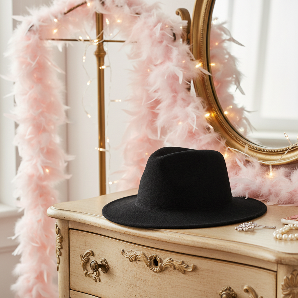 Classic black fedora hat on vintage dresser with party props, natural window light