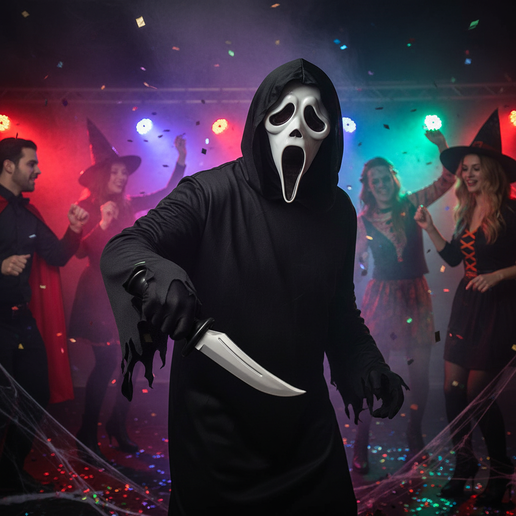 Person wearing Ghost Face costume holding Scream horror knife at Halloween party - lifestyle image