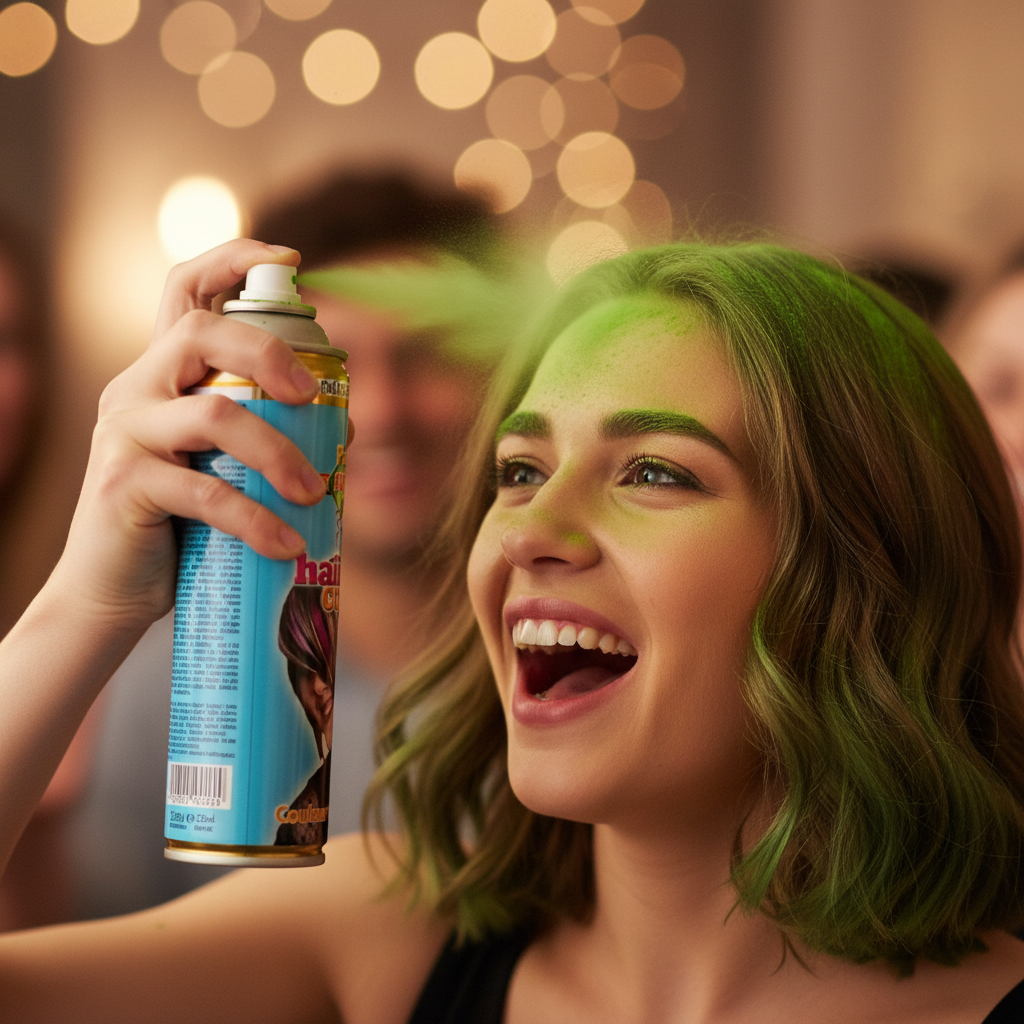 Person laughing while spraying Party Success Green Hair Colour Spray onto their hair, candid lifestyle shot