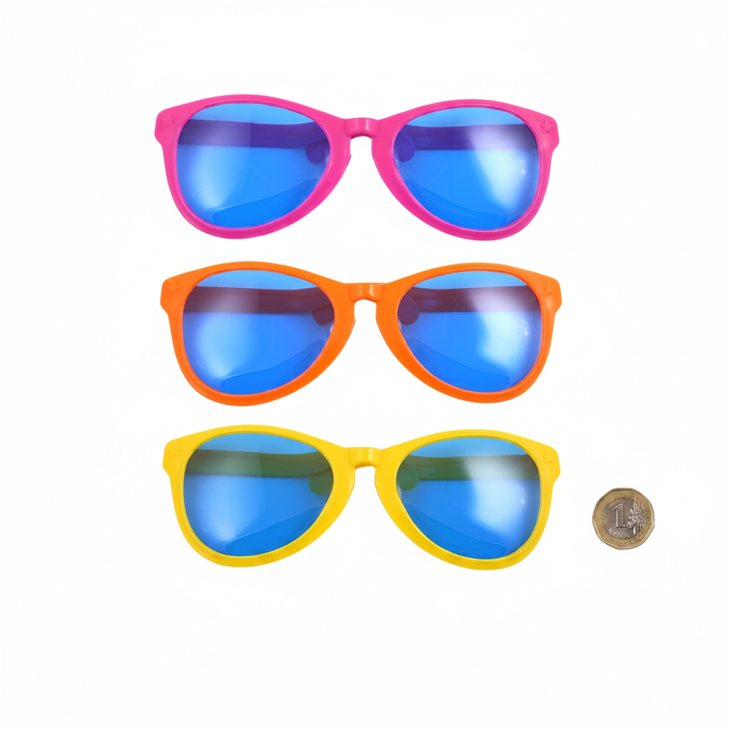 Four giant neon clown glasses flat lay beside a £1 coin showing scale on white background