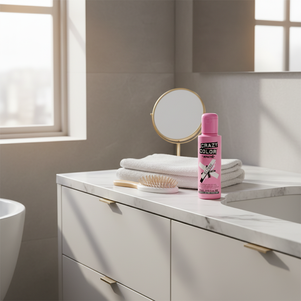 Crazy Color Silver No.27 hair dye bottle styled on a modern bathroom vanity with mirror and hairbrush