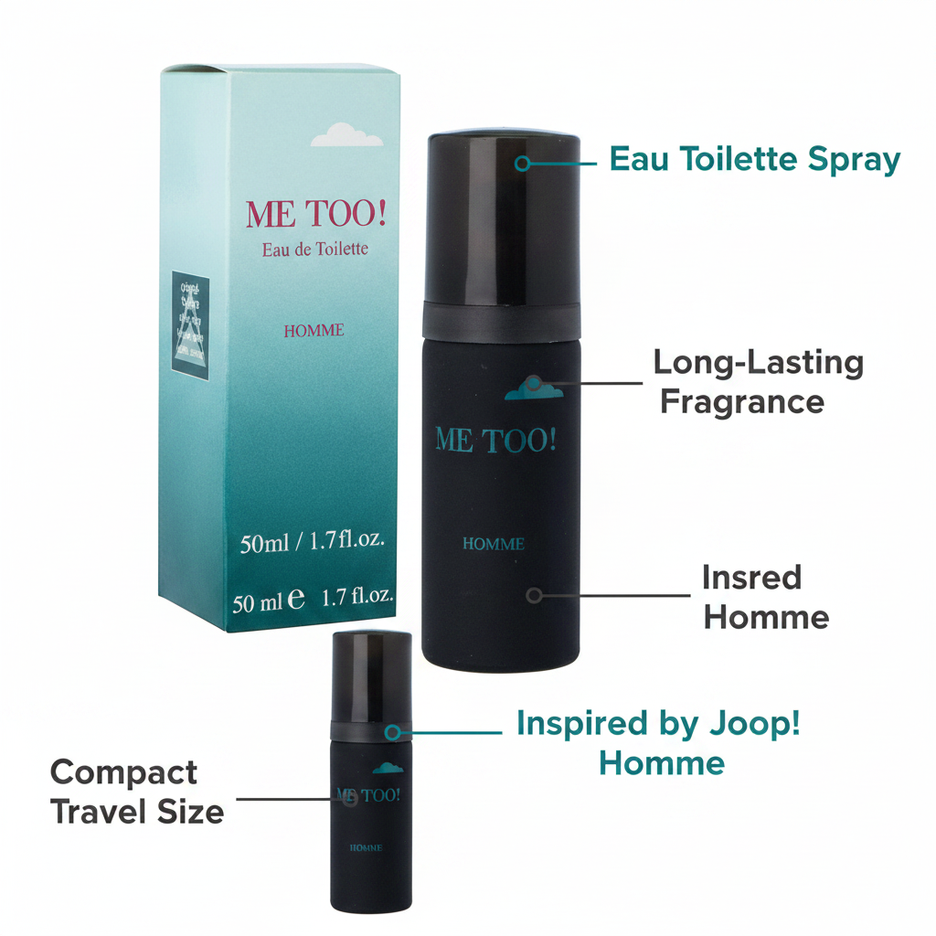 Milton Lloyd Me Too Homme 50ml EDT feature infographic with callout labels on white background