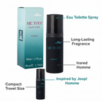 Milton Lloyd Me Too Homme 50ml EDT feature infographic with callout labels on white background