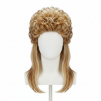 Men's 1980s blonde mullet wig on white background, warm honey blonde colour, voluminous curly top with long straight sides, Amazon hero shot