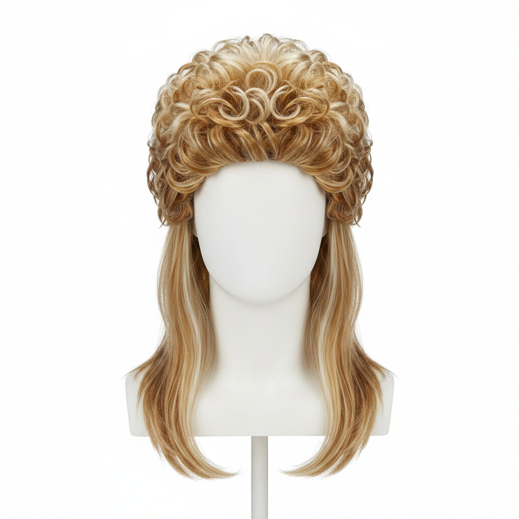 Men's 1980s blonde mullet wig on white background, warm honey blonde colour, voluminous curly top with long straight sides, Amazon hero shot