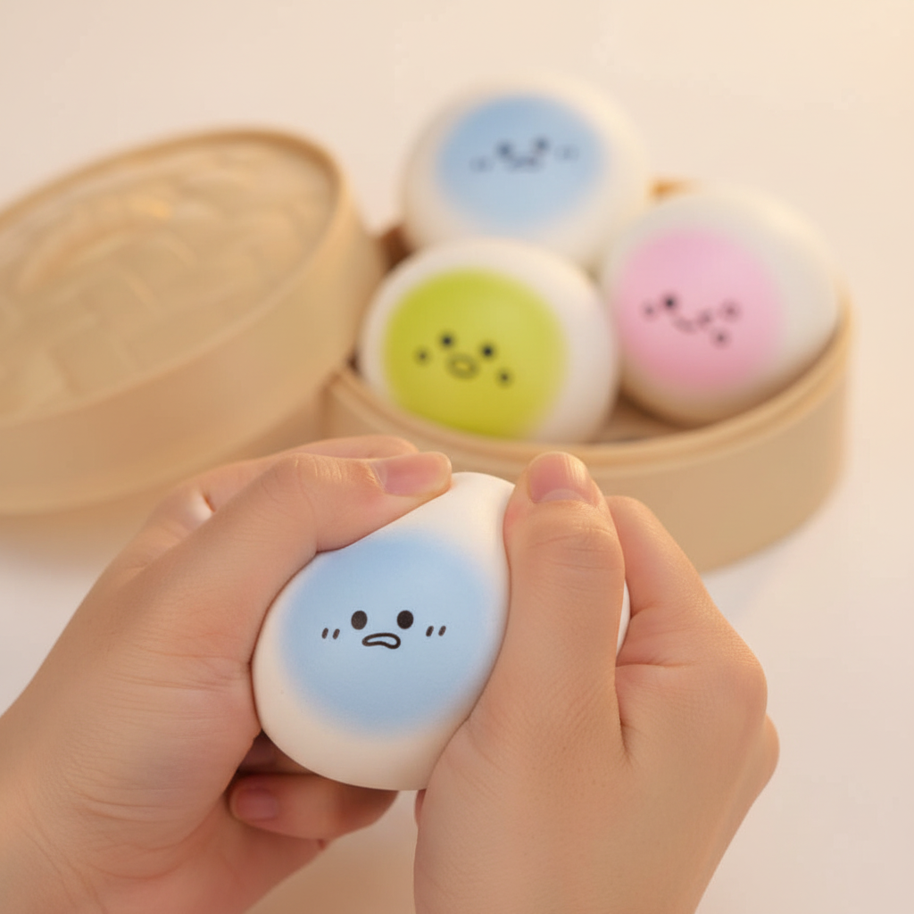 Young woman's hands squeezing a soft blue kawaii squishy bao bun with other buns in bamboo steamer in creamy bokeh background