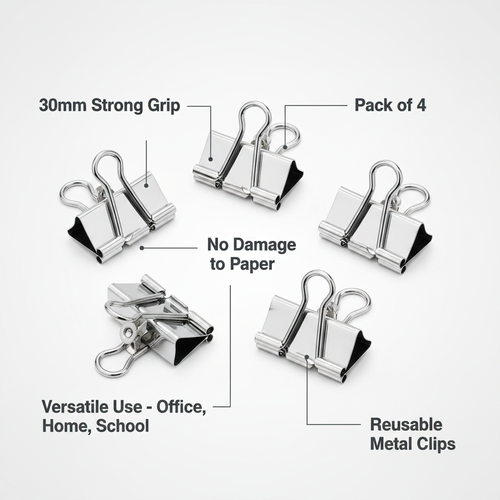 Tiger Binder Letter Clips 30mm Pack of 4 - feature infographic highlighting pack of 4, 30mm size, strong grip, no paper damage, versatile use