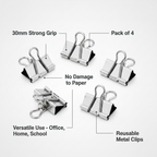 Tiger Binder Letter Clips 30mm Pack of 4 - feature infographic highlighting pack of 4, 30mm size, strong grip, no paper damage, versatile use