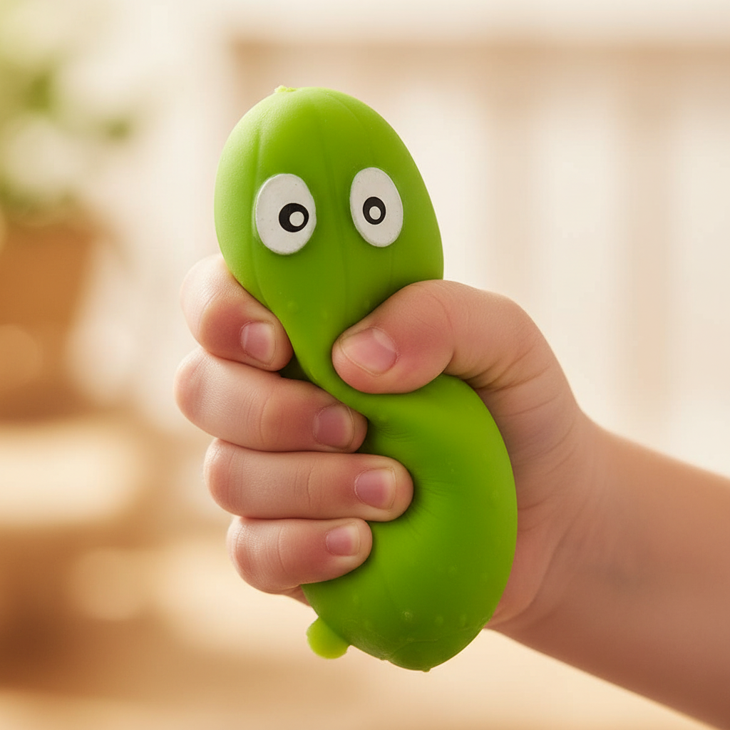 Child squeezing and stretching the Stretchy Squishy Crazy Cucumber lime green novelty toy