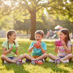 Three kids outdoors comparing their Scrunchems Neon Safari Squish Stress Balls in giraffe, leopard and zebra prints