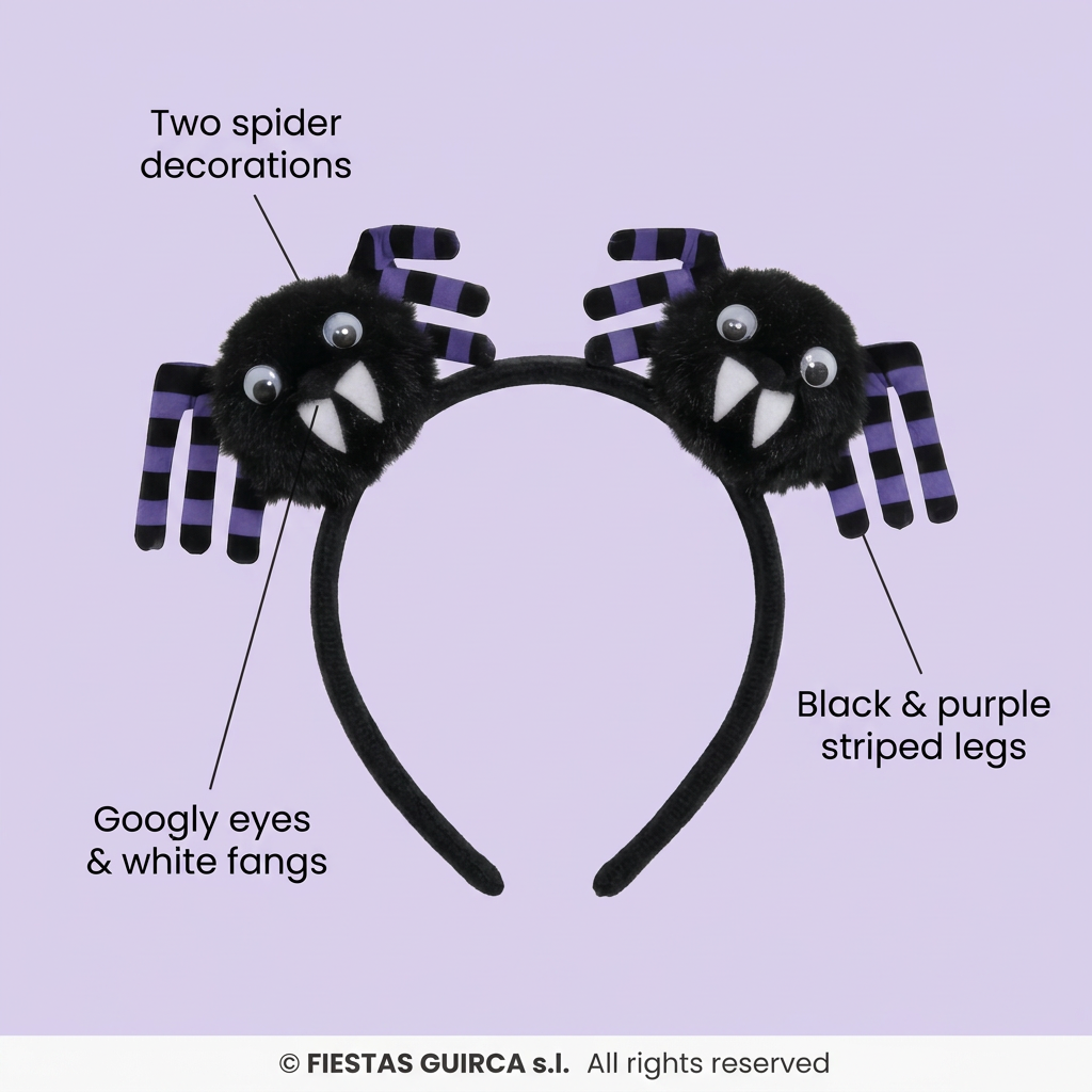 Spider headband on lavender with callouts for twin spiders, striped legs, googly eyes and white fangs