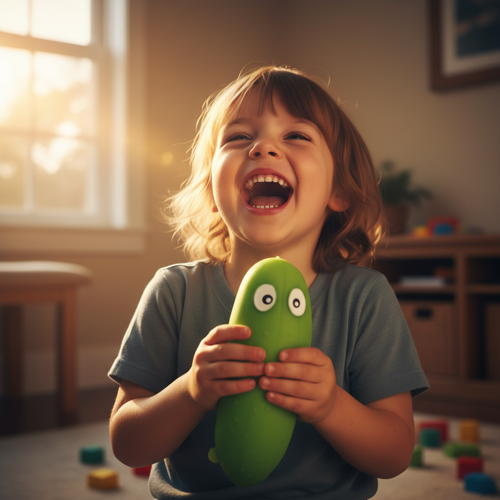 Happy laughing child holding the Stretchy Squishy Crazy Cucumber novelty toy at golden hour