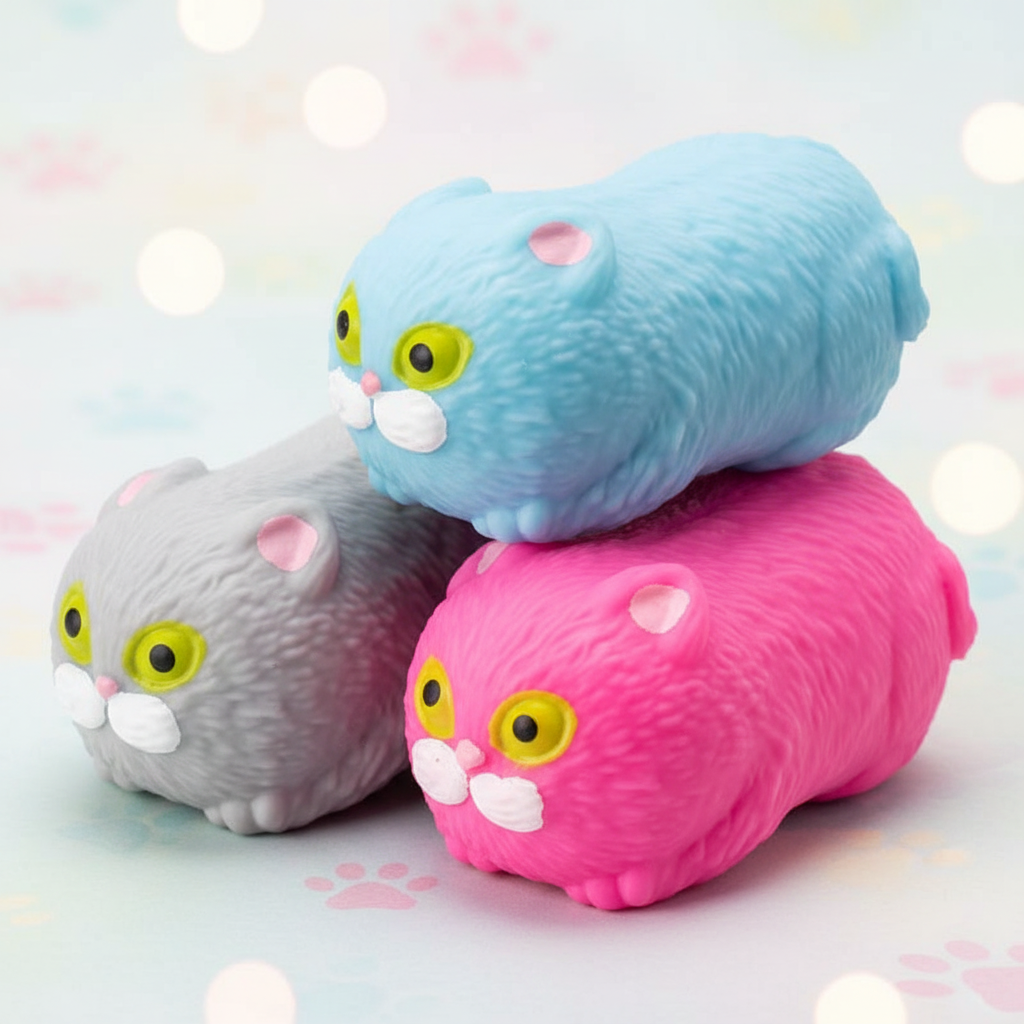 Three Kitty Kins squishy cat squeeze toys in baby blue, grey and hot pink with yellow-green eyes on pastel background