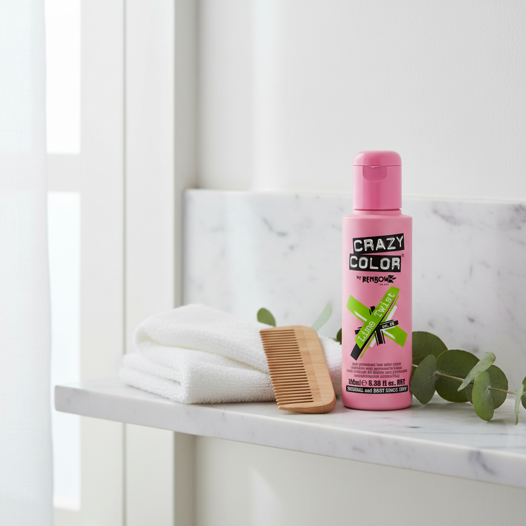 Crazy Color Lime Twist Hair Dye 100ml styled on a white marble bathroom shelf with towel, comb and eucalyptus