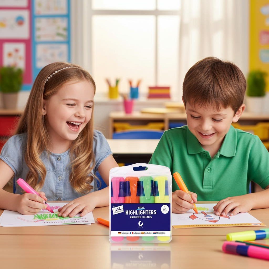 Two happy primary school children using chunky highlighter pens on artwork at a colourful classroom table