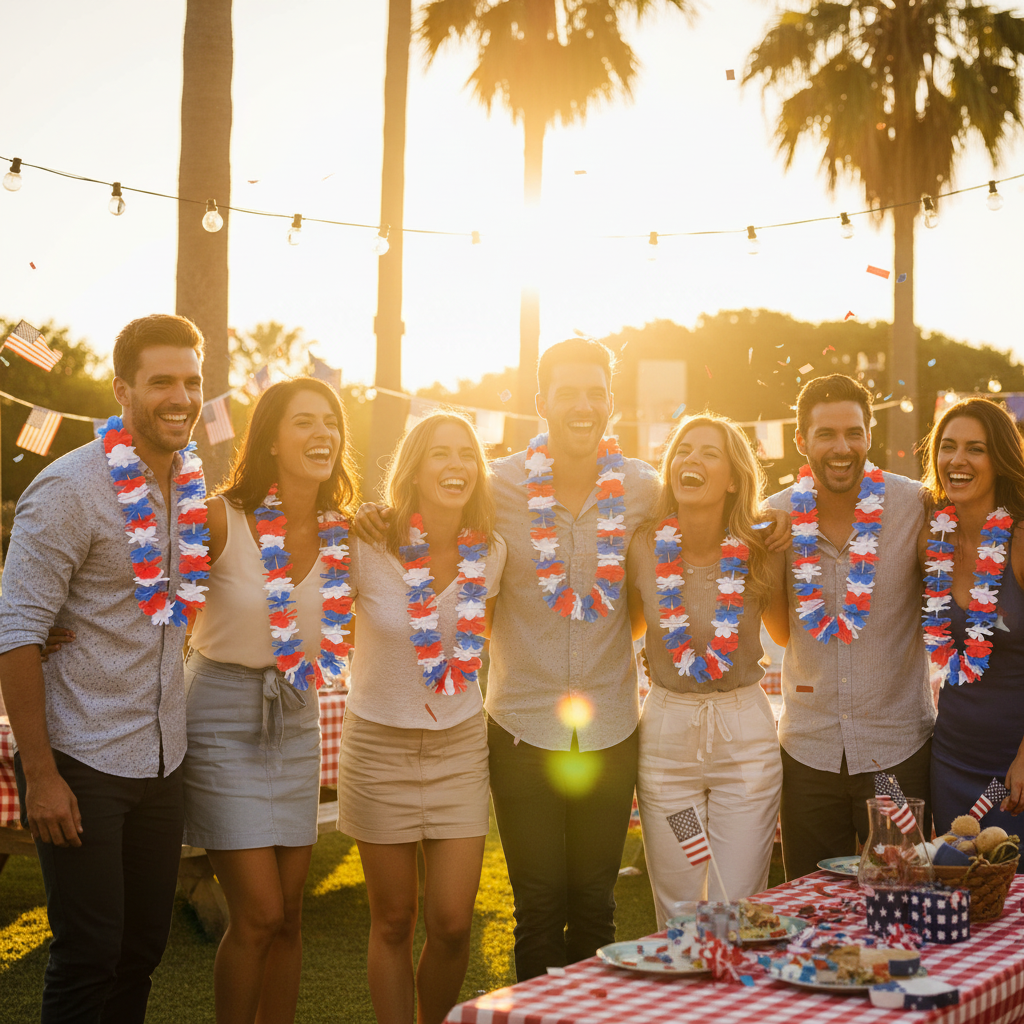 Group wearing red, white and blue Hawaiian lei at a golden hour patriotic celebration party