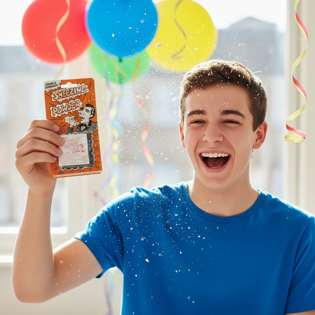 Laughing teenage boy holding joke sneezing powder at a birthday party ready to prank a friend