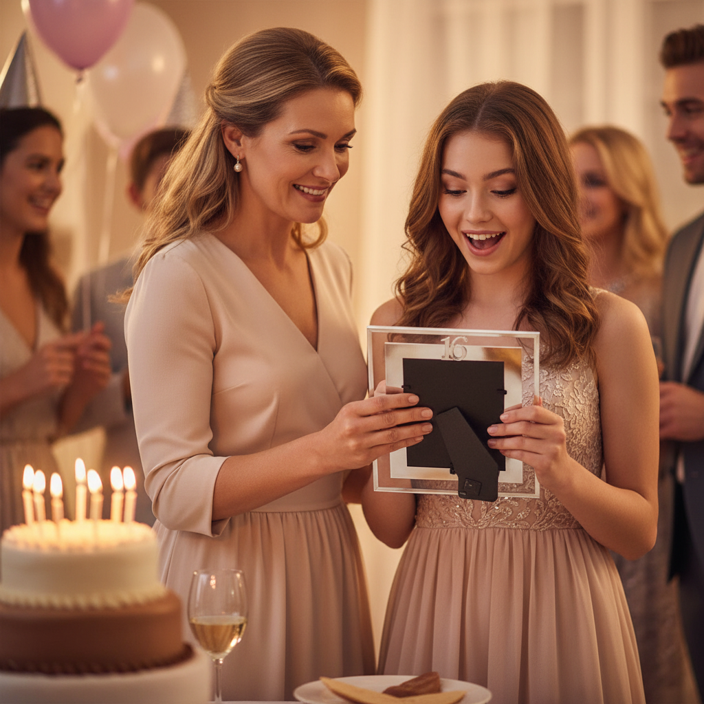 Parent presenting a silver Age 16 milestone photo frame to their teenager at a sweet 16 celebration