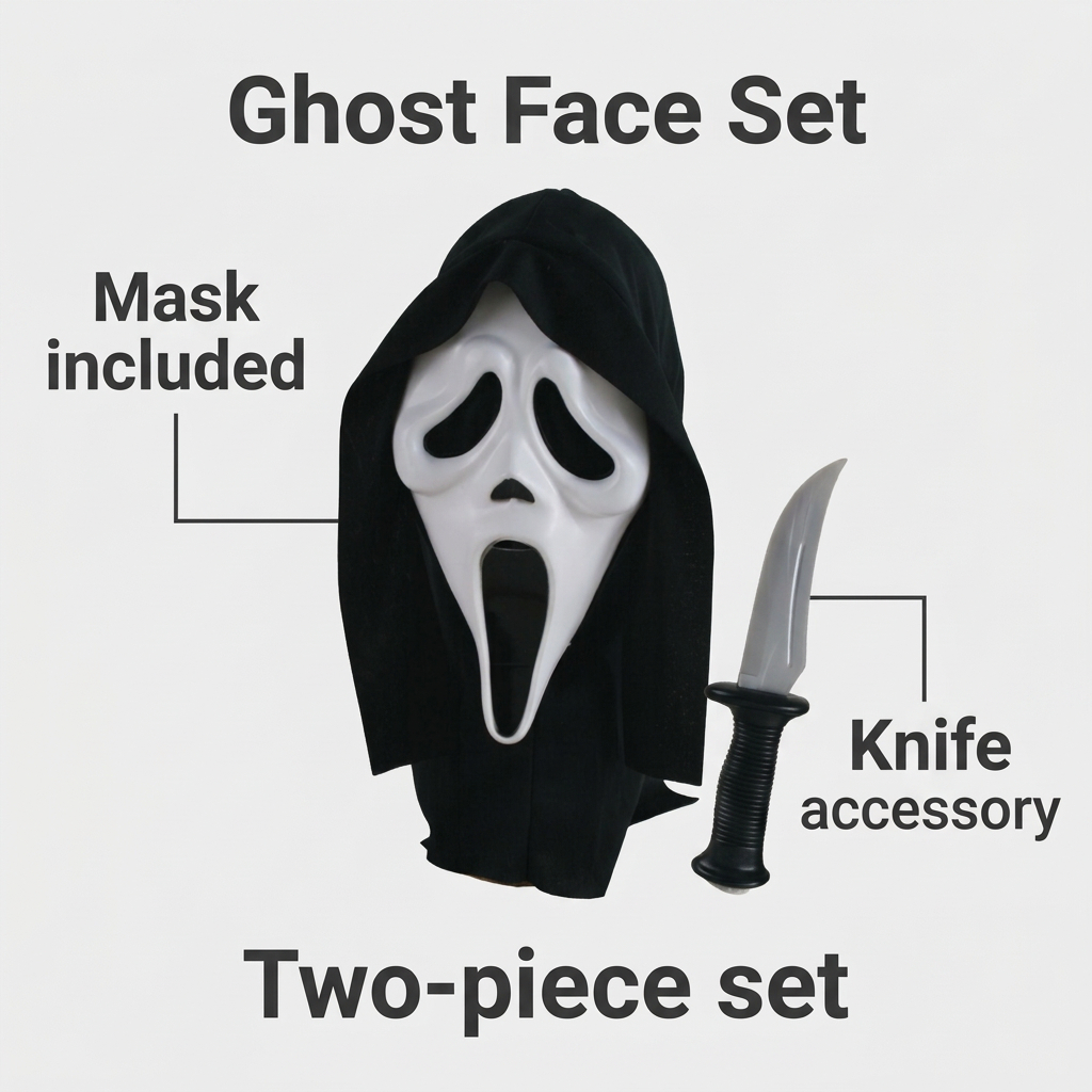 Ghost Face set infographic identifying the mask and knife accessory as a two-piece set