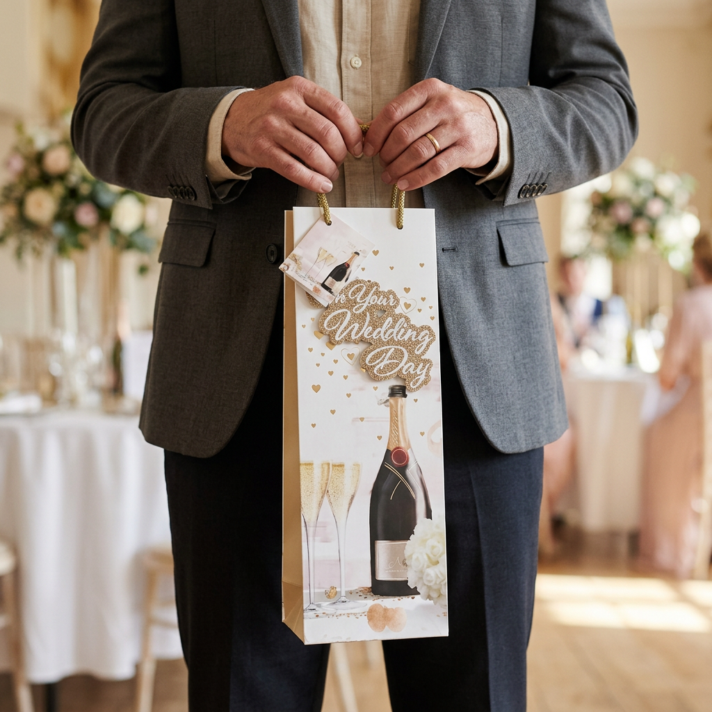 Adult guest in a grey jacket holding the white and gold Wedding Day bottle gift bag by its rope handles