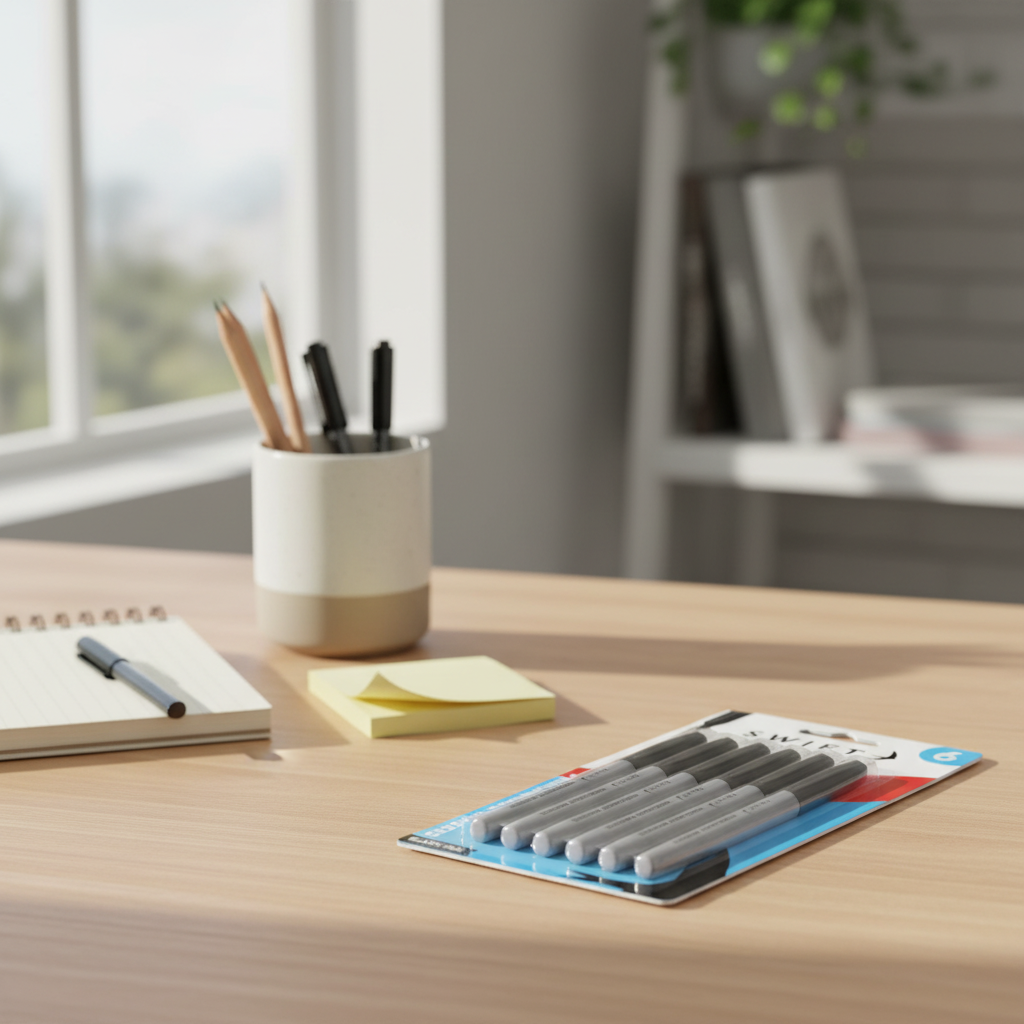 Swift Permanent Markers Black 6 Pack on a wooden home office desk with notebook and stationery — natural window light lifestyle scene