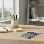 Swift Permanent Markers Black 6 Pack on a wooden home office desk with notebook and stationery — natural window light lifestyle scene