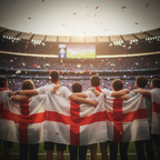Group of England fans wearing St George Cross wearable flag capes celebrating at golden hour
