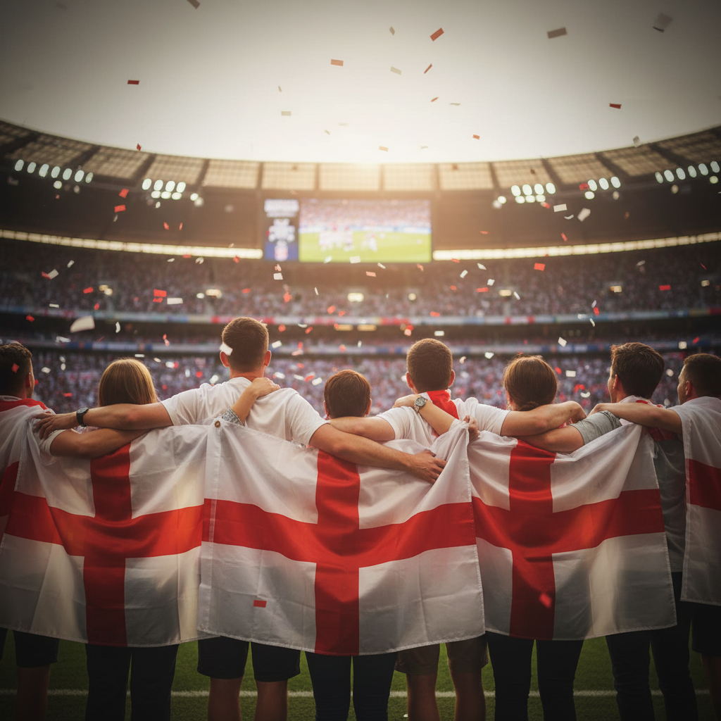 Group of England fans wearing St George Cross wearable flag capes celebrating at golden hour