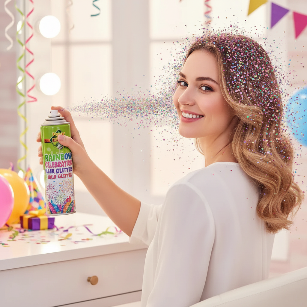 Person applying Party Success multi-coloured glitter hairspray - easy application for instant rainbow sparkle