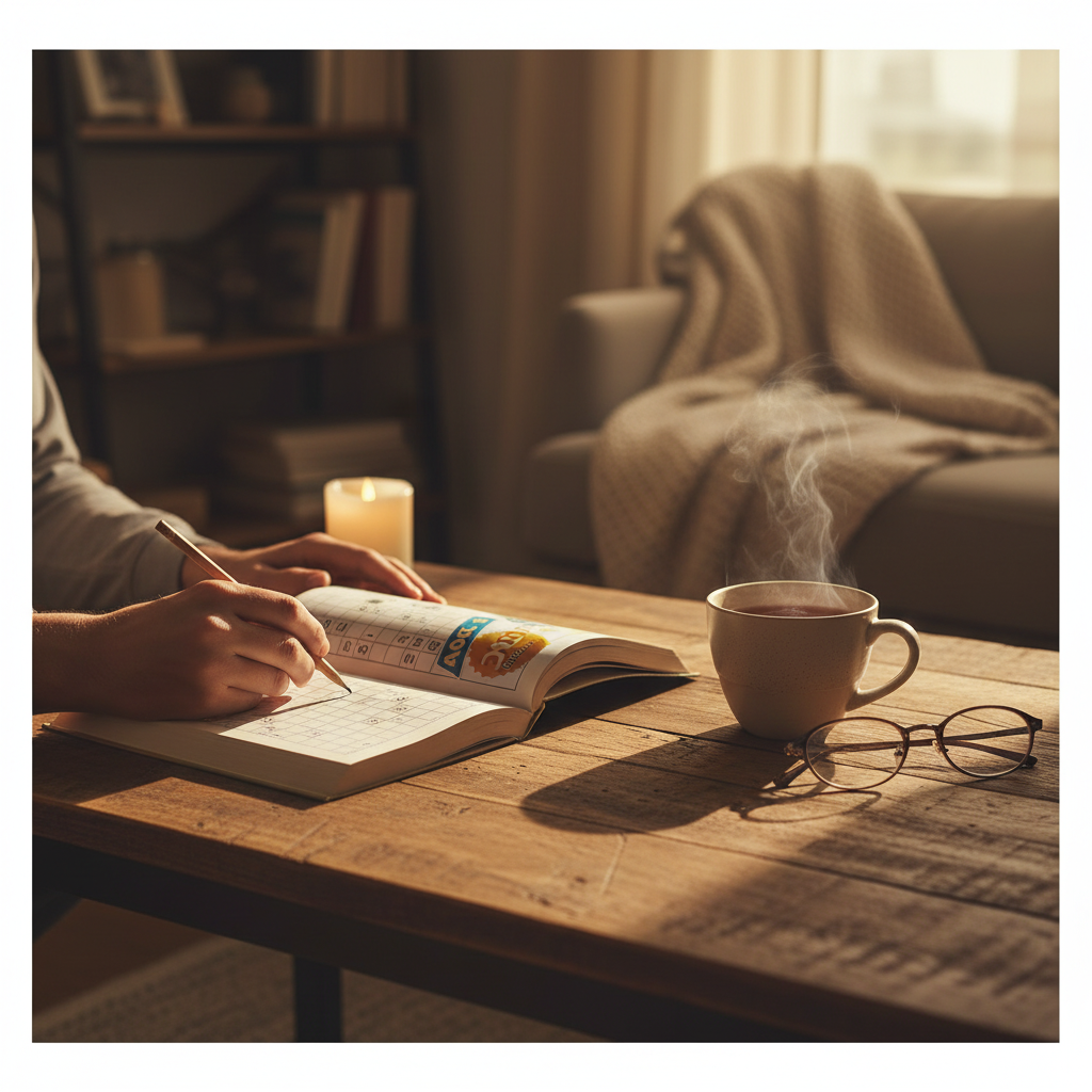 Person solving crossword puzzle book at home with a cup of tea - Why Not Shop