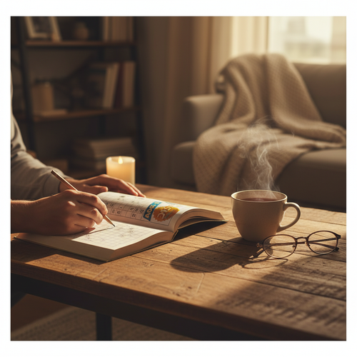 Person solving crossword puzzle book at home with a cup of tea - Why Not Shop