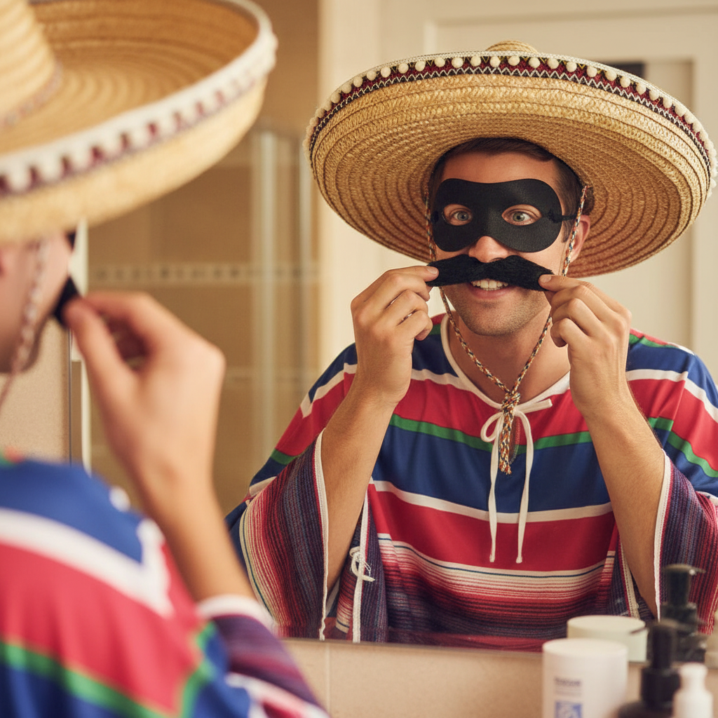 Man applying black fake moustache getting ready for Halloween fancy dress party
