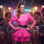Woman in complete 80s retro costume wearing neon pink fishnet gloves, confident and radiant at a party