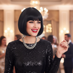 Confident woman wearing sleek glossy black bob wig at a glamorous party — bold diva style