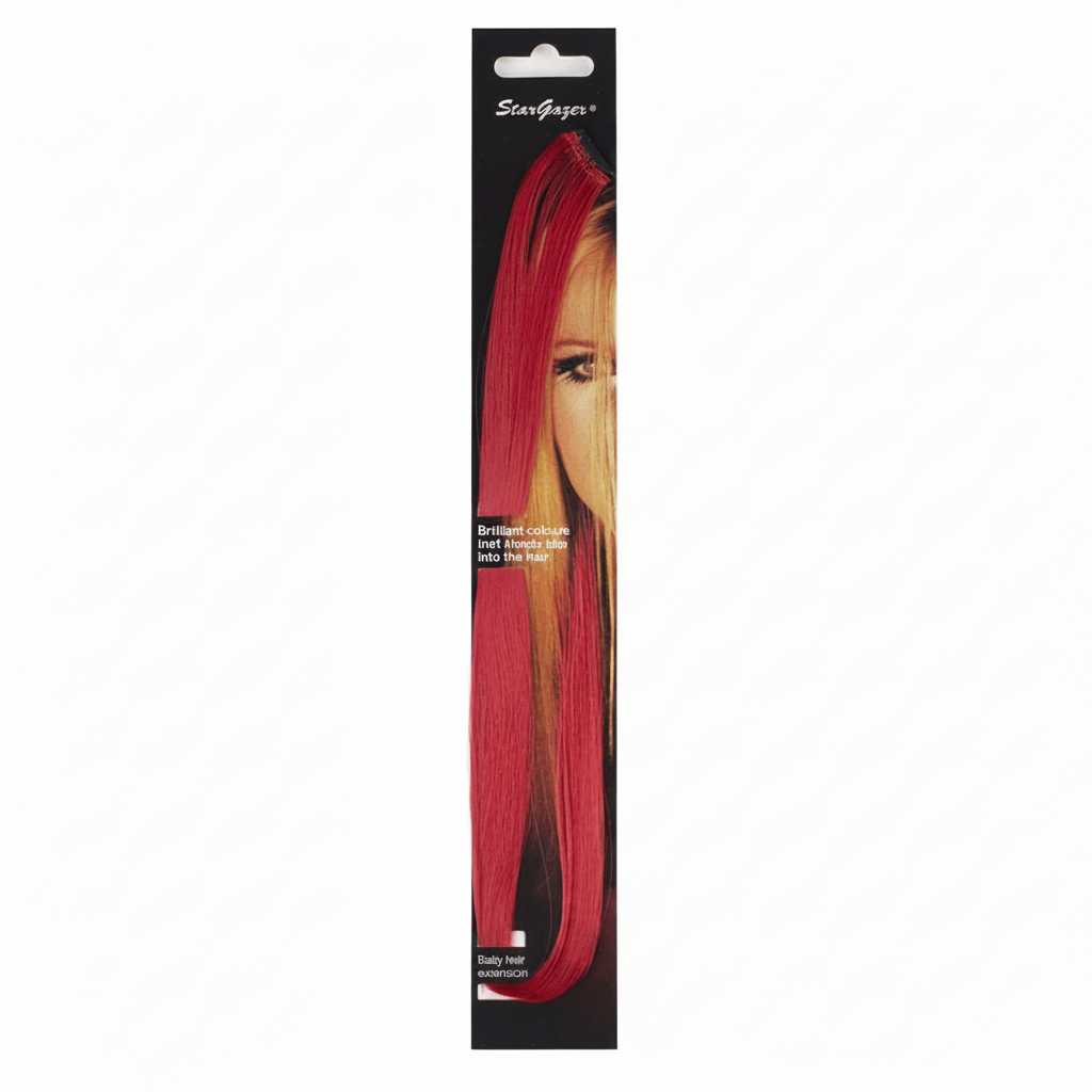 Stargazer Baby Hair Extension in vivid cherry red displayed in matte black retail packaging on a pure white background