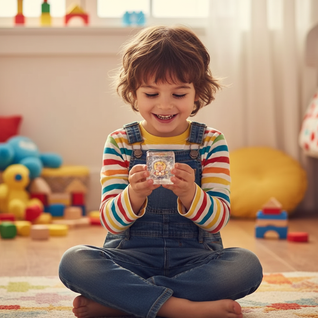 Happy child playing with glittery Cutie Cube capybara toy on bedroom floor