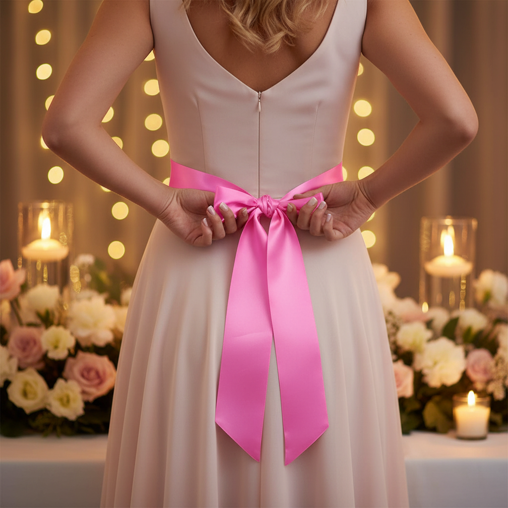 Close-up of a pink satin bridesmaid sash with bold black writing tied around a bridesmaid dress at a wedding reception