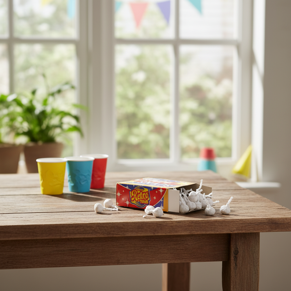 Fun Snaps Throwdowns box on a wooden garden table at a summer birthday party with natural window light, rule of thirds composition