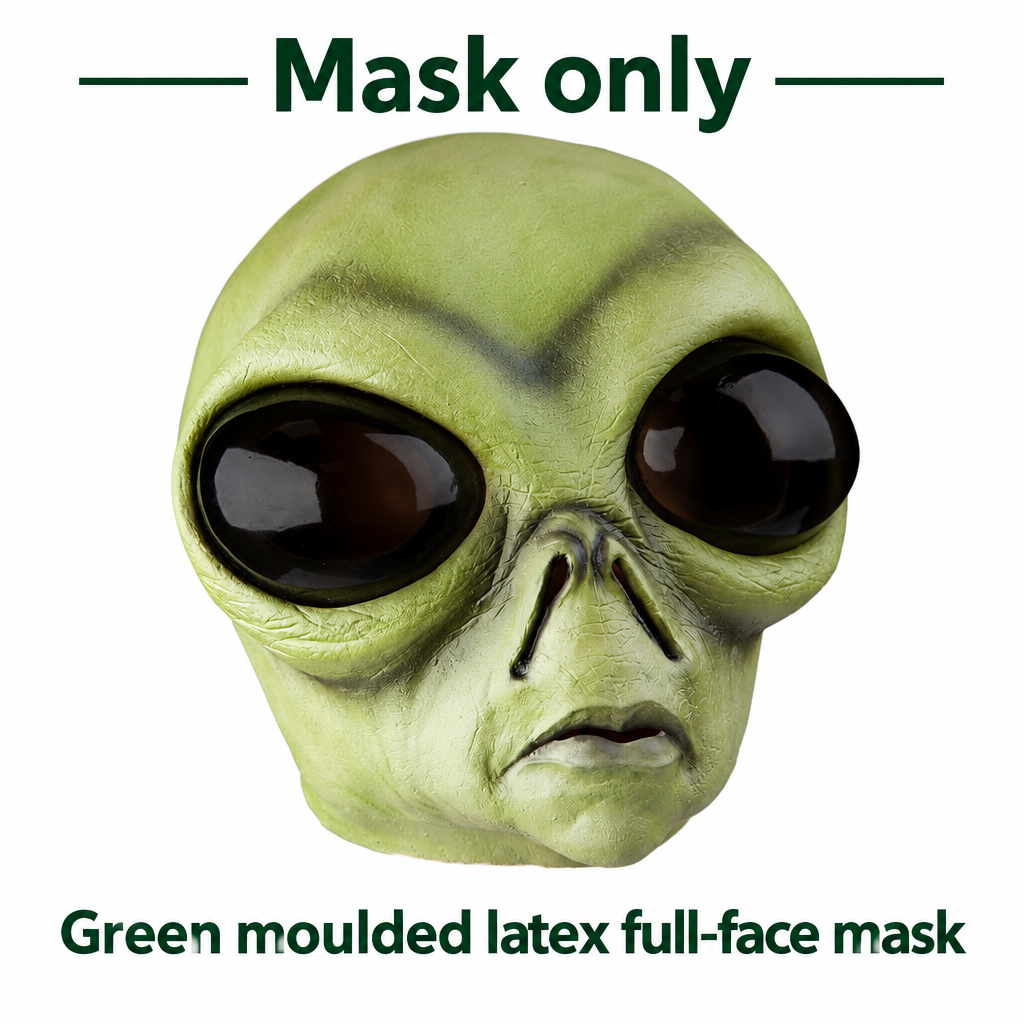 Green alien latex mask pictured with mask-only product information
