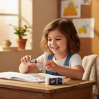 Young child smiling while sharpening a pencil with a pencil sharpener at a school desk, eraser set visible alongside exercise book
