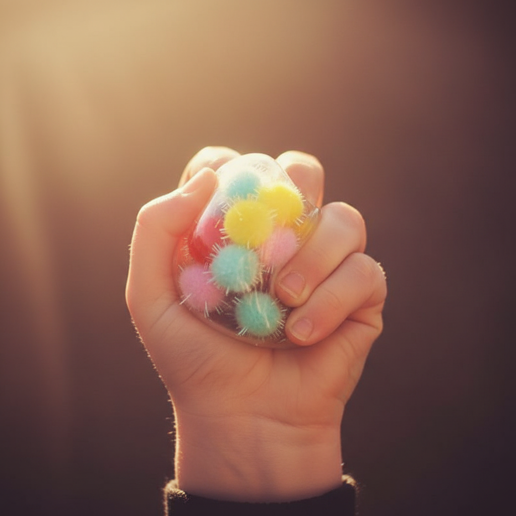 Child's hand squeezing a colourful squishy pom pom ball in warm golden hour light, joyful sensory play moment