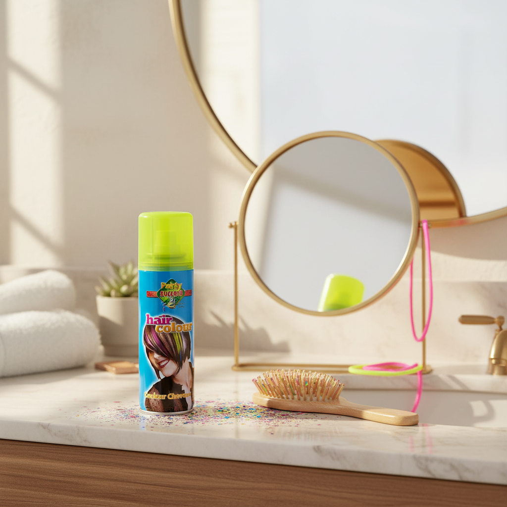 Party Success Fluorescent Yellow Hair Colour Spray 125ml on a bathroom vanity with natural window light and minimal styling props