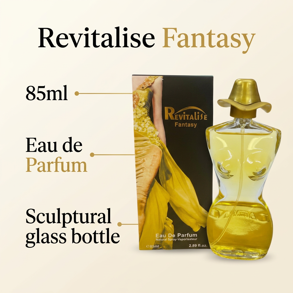 Revitalise Fantasy bottle and box with callouts for 85ml, Eau de Parfum and sculptural glass bottle.