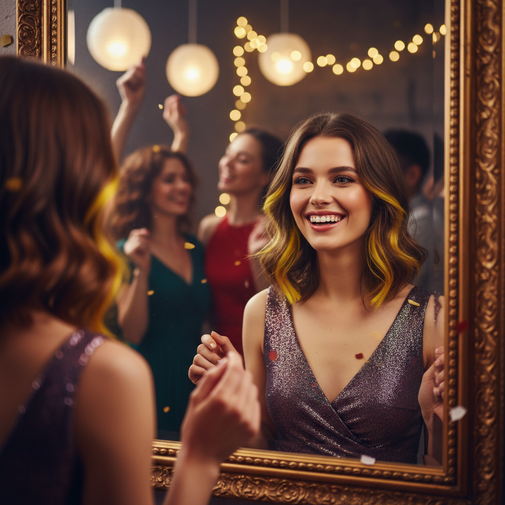 Young woman smiling confidently with vivid yellow temporary hair colour streaks at a party, showing the desirable result