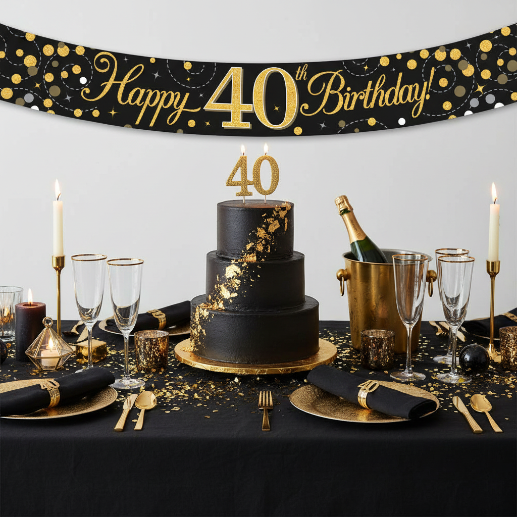 Elegant 40th birthday party table with Sparkling Fizz banner and black gold decorations