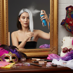 Person applying Party Success white temporary hair colour spray - easy application for instant costume transformation