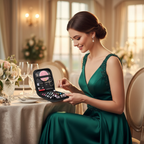 Woman using portable black travel sewing kit at formal event for quick clothing repair
