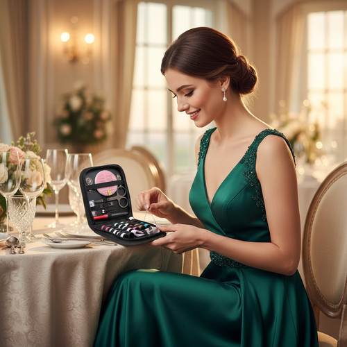 Woman using portable black travel sewing kit at formal event for quick clothing repair
