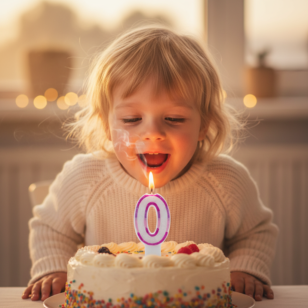 Child blowing out lit pink glitter number 0 birthday candle on cake, joyful celebration moment