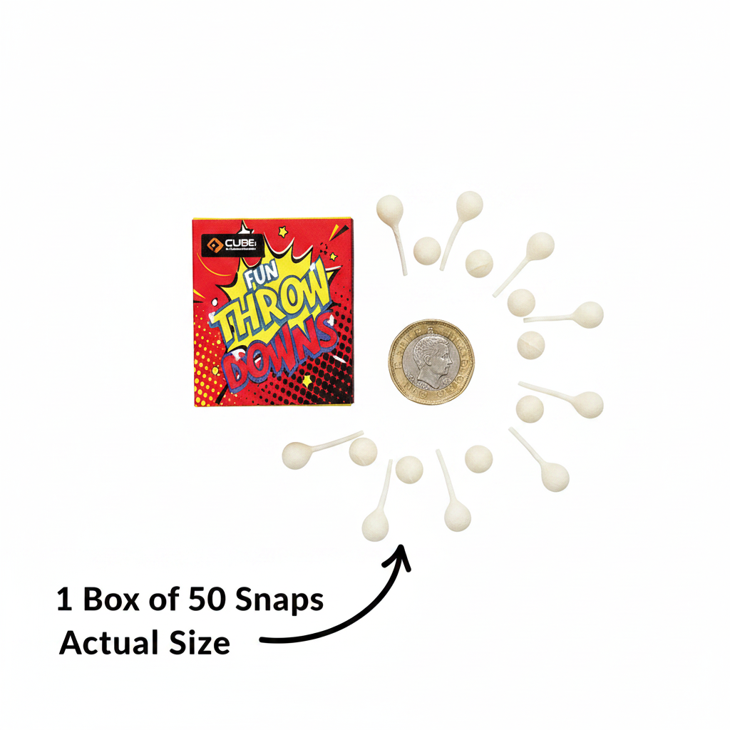 Fun Snaps single box beside a £1 coin with white paper snap bangs on white background showing actual size